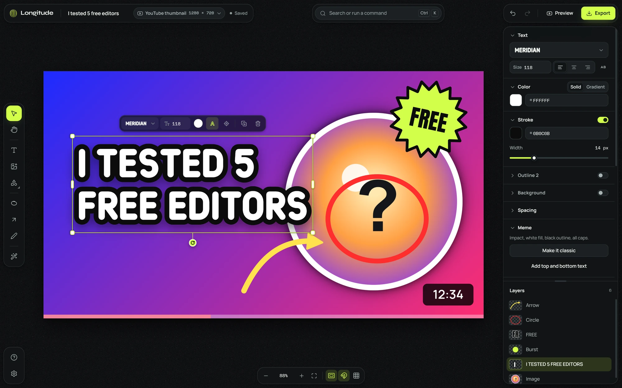 The Longitude editor with a YouTube thumbnail: a stroked headline that reads I tested 5 free editors, a sticker burst, a cutout with an outline, a red highlight circle and a bent arrow. Tools on the left, text settings and layers on the right.